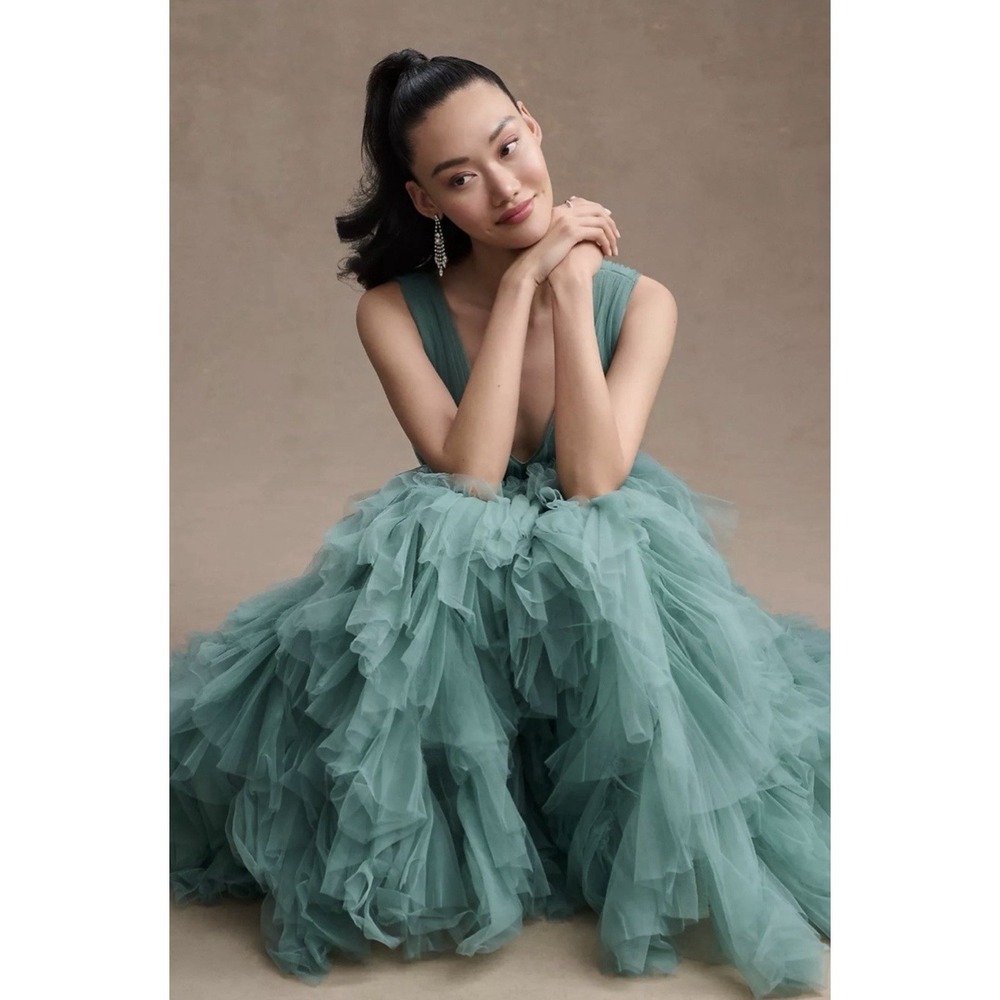 Mac Duggal 20411 Jade Green Tiered Ruffle Tulle Midi Dress Size 4 $598 - Picture 4 of 10